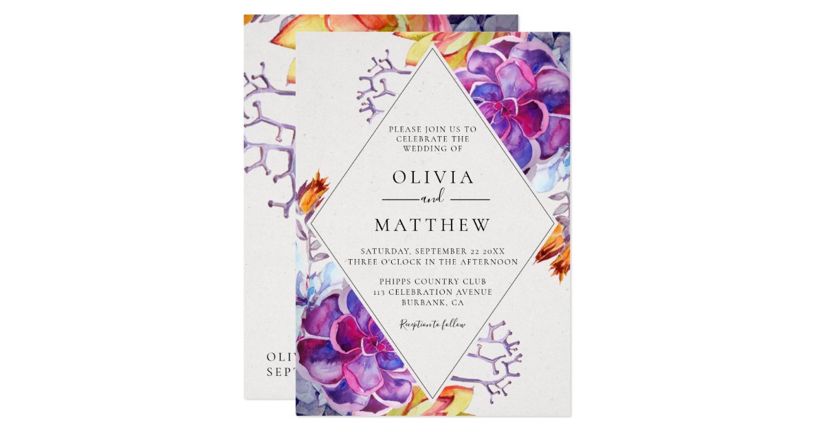 Modern Dramatic Purple Succulents Wedding Invitation