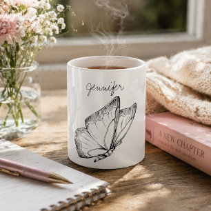 Modern Drawn Butterfly in Flight Monogram  Coffee Mug