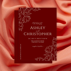 Modern Drawn Floral Crimson Red Wedding Invitation