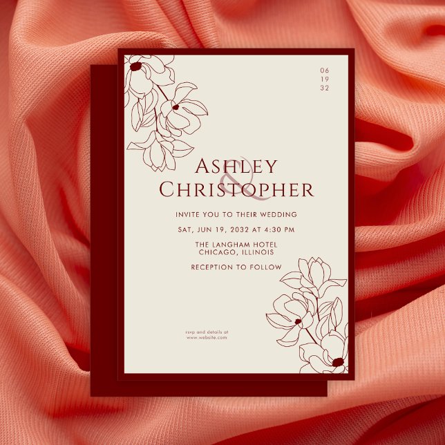 Modern Drawn Floral Crimson Red Wedding Invitation (Creator Uploaded)