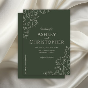 Modern Drawn Floral Dark Moss Green Wedding Invitation