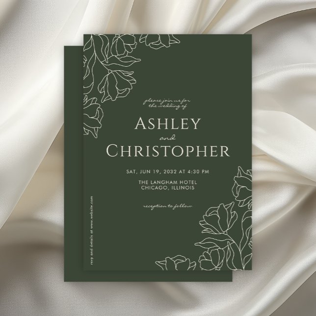 Modern Drawn Floral Dark Moss Green Wedding Invitation (Creator Uploaded)