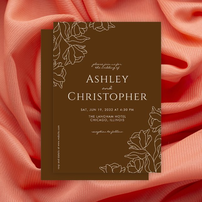 Modern Drawn Floral Golden Brown Wedding Invitation (Creator Uploaded)