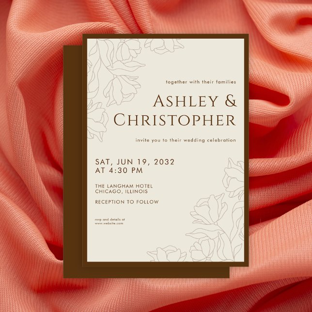 Modern Drawn Floral Golden Brown Wedding Invitation (Creator Uploaded)