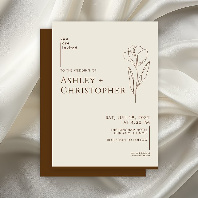 Modern Drawn Floral Golden Brown Wedding Invitation (Creator Uploaded)