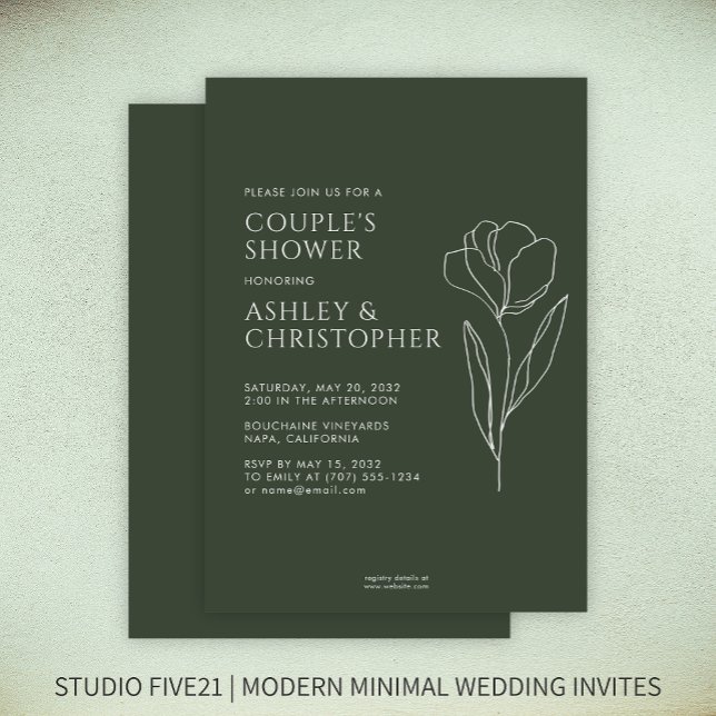 Modern Drawn Floral Moss Green Wedding Shower Invitation (Creator Uploaded)