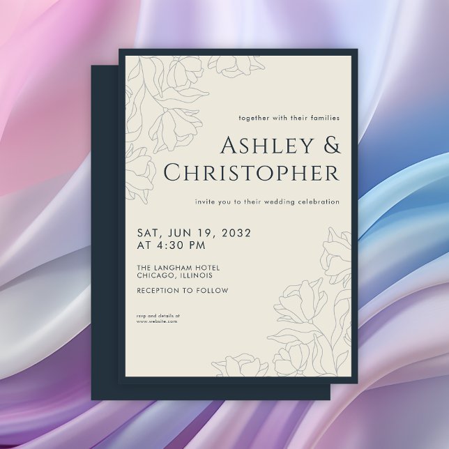Modern Drawn Floral Navy Blue Wedding Invitation (Creator Uploaded)