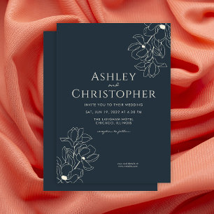 Modern Drawn Floral Navy Blue Wedding Invitation