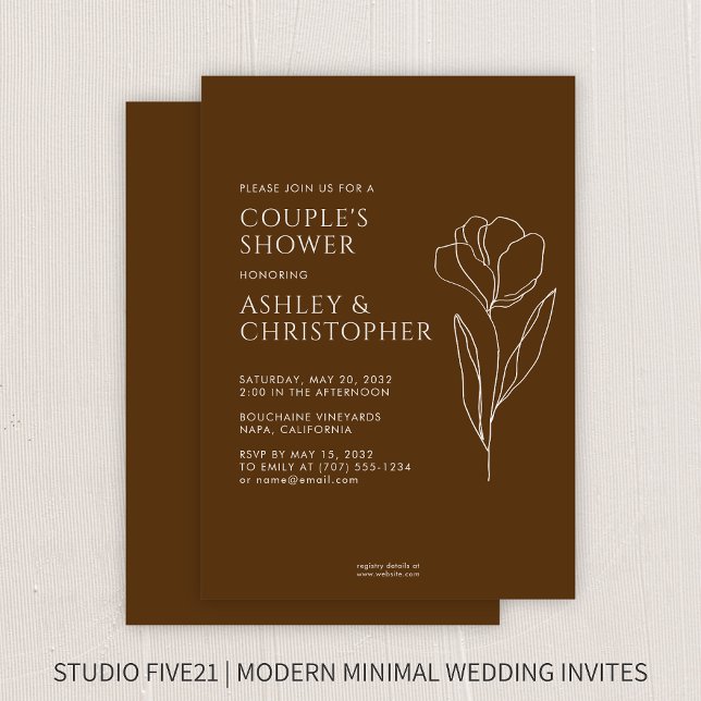 Modern Drawn Floral Walnut Brown Wedding Shower Invitation (Creator Uploaded)