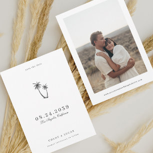 Modern Drawn Palm Tree & Photo Tropical Wedding Save The Date