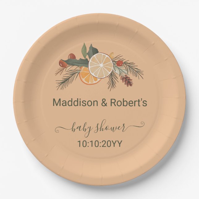 Modern Dried Winter Citrus Baby Shower  Paper Plate (Front)