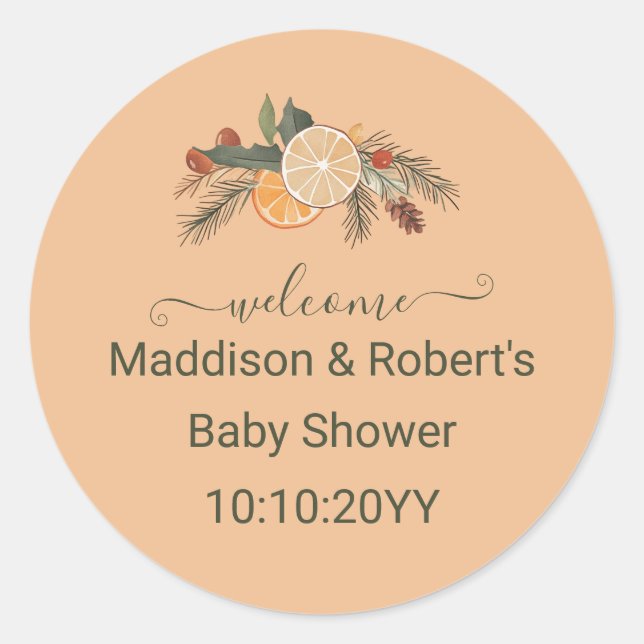 Modern Dried Winter Citrus Baby Shower Welcome  Classic Round Sticker (Front)