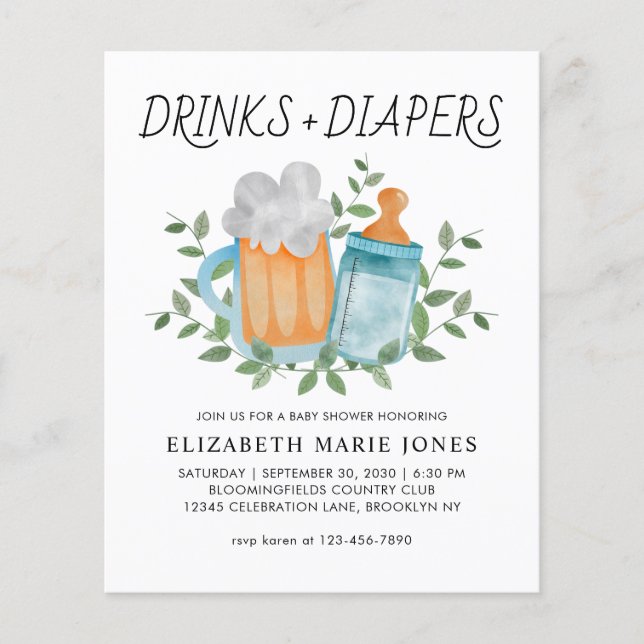 Modern Drinks and Diapers Beer Bottle Baby Shower (Front)