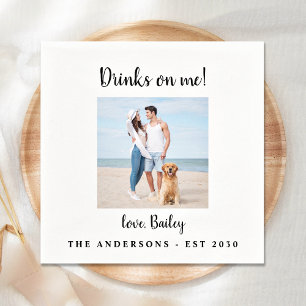 Modern Drinks On Me Dog Photo Pet Wedding Napkin