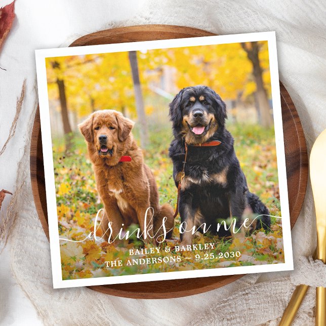 Modern Drinks On Us Open Bar Dog Photo Pet Wedding Napkin (Creator Uploaded)