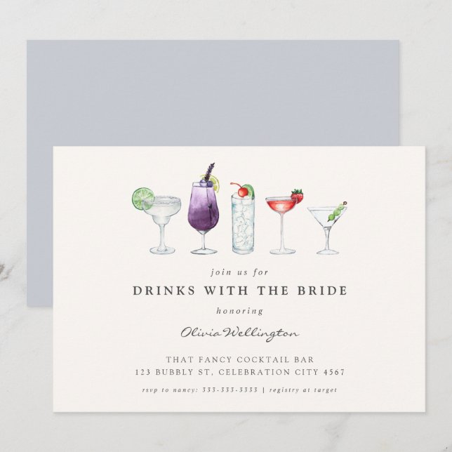 Modern Drinks with the Bride Watercolor Cocktails  Invitation (Front/Back)