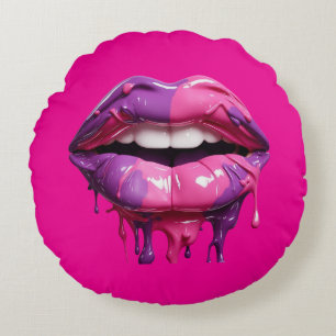 Modern Dripping Lips Art – Bold Pink & Purple Round Cushion
