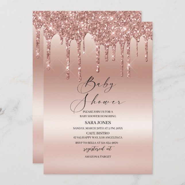 Modern Dripping Rose Gold   Baby Shower Invitation (Front/Back)
