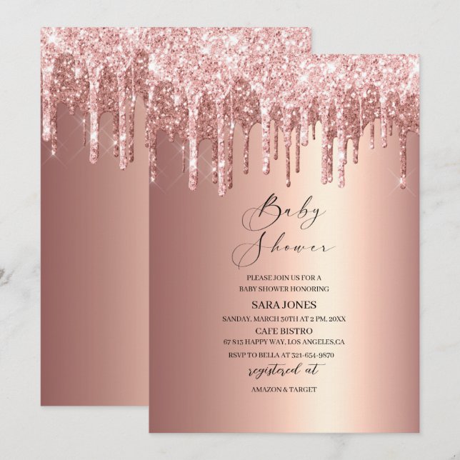 Modern Dripping Rose Gold   Baby Shower Invitation (Front/Back)