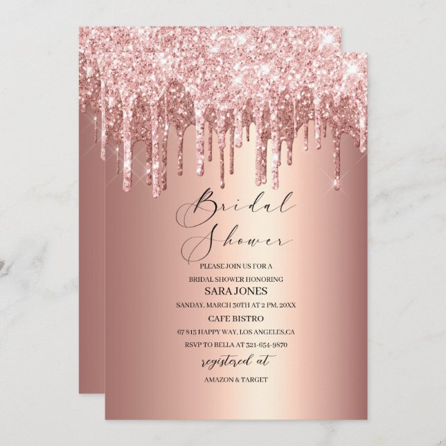 Modern Dripping Rose Gold Bridal Shower Invitation (Front/Back)
