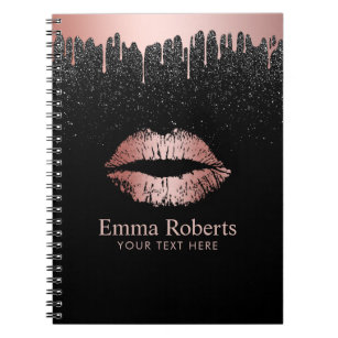 Modern Dripping Rose Gold Lips Black Glitter Notebook
