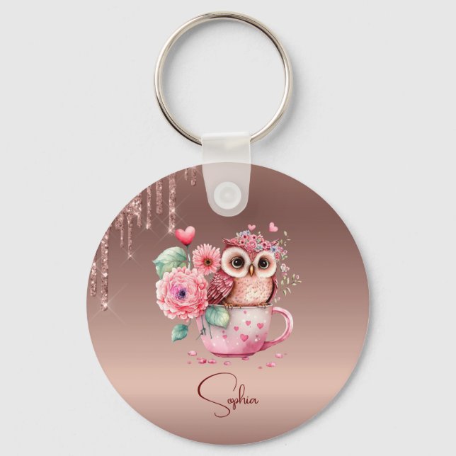 Modern Dripping Rose Gold Monogram Personalised Ow Key Ring (Front)