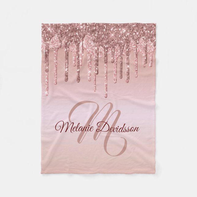 Modern Dripping Rose Gold Personalised Name Fleece Blanket (Front)