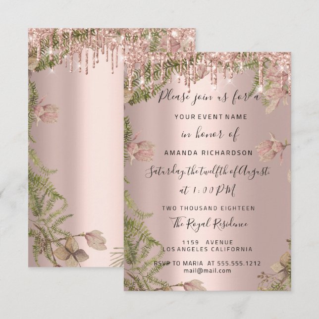 Modern Drips  Rose Gold  Bridal Wedding Floral Invitation (Front/Back)
