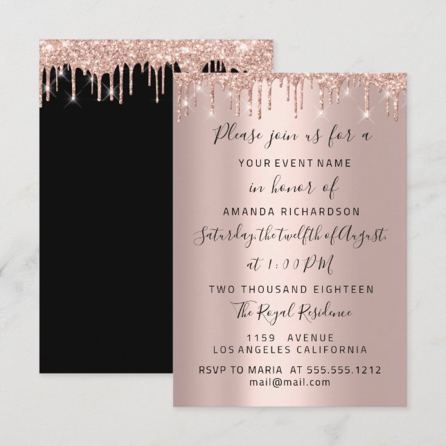 Modern Drips  Rose Gold  Bridal Wedding Spark Glit Invitation (Front/Back)