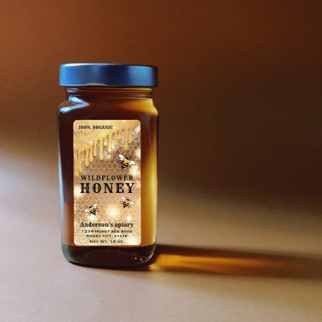 Modern drips sparkle gold  bee honey jar label (Creator Uploaded)