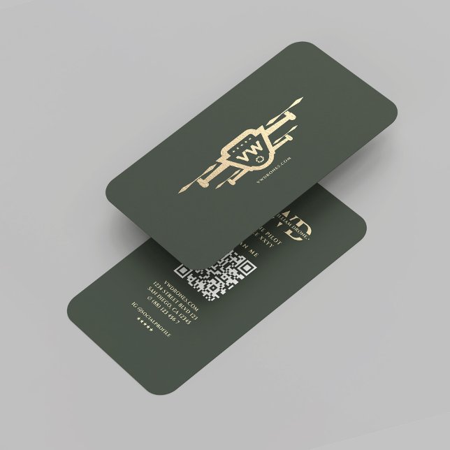 Modern Drone Pilot Monogram Green Gold  Business Card (Modern Drone Pilot Monogram Green Gold Professional Elegant Business Card
)