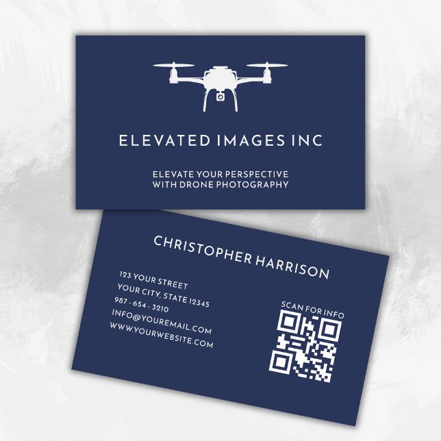Modern Drone Pilot Photography QR Code Navy White Business Card (Creator Uploaded)