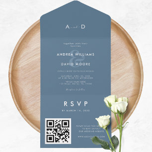 Modern Dusky Blue Ampersand & QR Code RSVP Wedding All In One Invitation