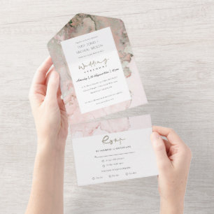 MODERN DUSKY BLUSH PINK ROSE GOLD AGATE WEDDING AL ALL IN ONE INVITATION