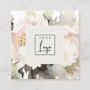 Modern Dusky Blush Watercolor Peony Floral Logo Square Business Card