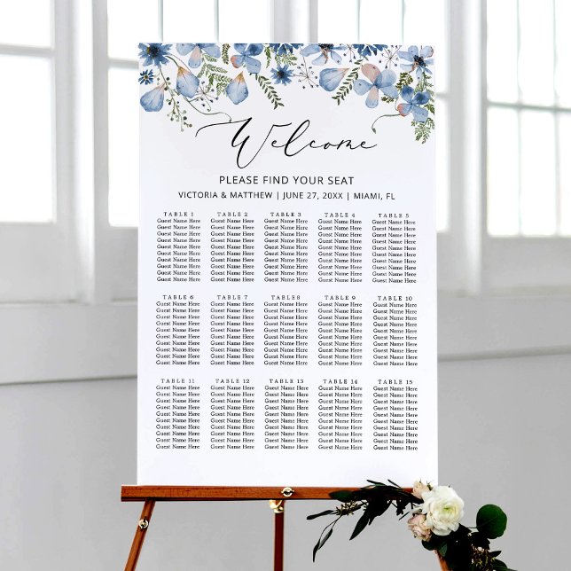 Modern Dusty Blue 15 Tables Wedding Seating Chart (Creator Uploaded)