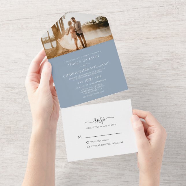Modern Dusty Blue 2 Photo RSVP Wedding All In One Invitation (Tearaway)