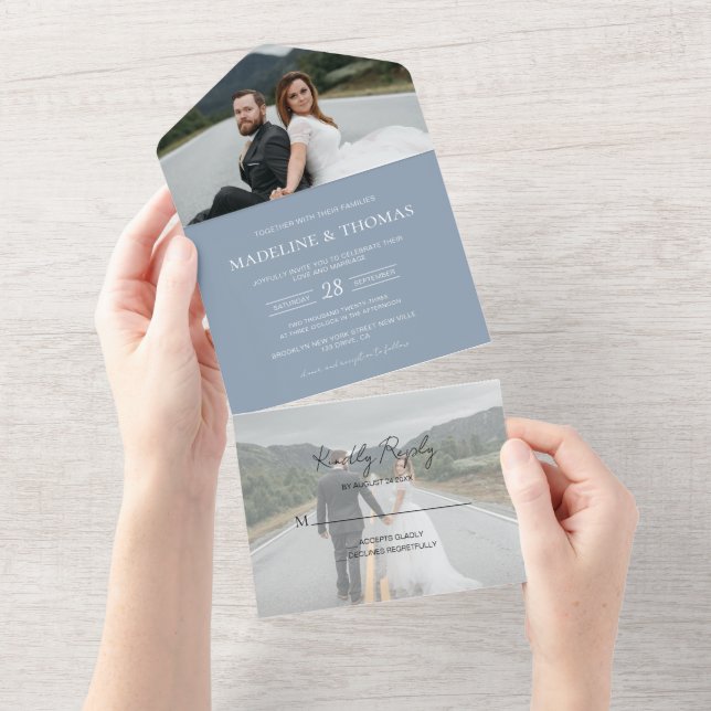 Modern Dusty Blue 2 Photo RSVP Wedding  All In One Invitation (Tearaway)