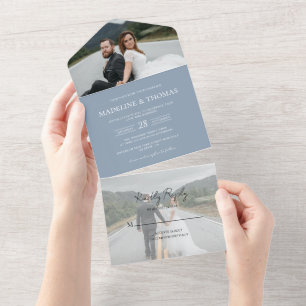 Modern Dusty Blue 2 Photo RSVP Wedding  All In One Invitation