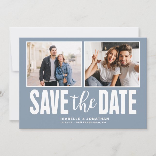 Modern Dusty Blue 2 Photo Save the Date (Front)
