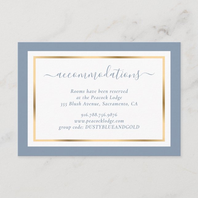 Modern Dusty Blue and Gold Wedding Hotel Enclosure Card (Front)