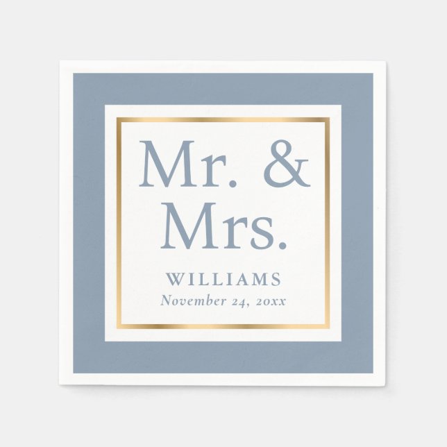 Modern Dusty Blue and Gold Wedding Napkins (Front)