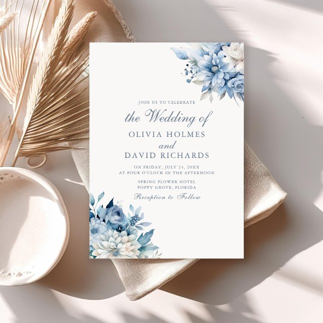 Modern Dusty Blue and White Flowers Wedding Invitation (Modern Dusty Blue and White Flowers Wedding Invitation on a sunny neutral boho table.)