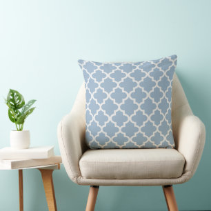Modern Dusty Blue and White Quatrefoil Pattern Cushion