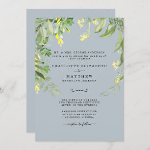 Modern Dusty Blue and Yellow Floral Wedding Invita Invitation