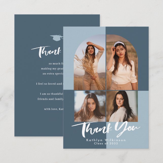 Modern Dusty Blue Arch 4 Photo Graduation Thank You Card (Front/Back)