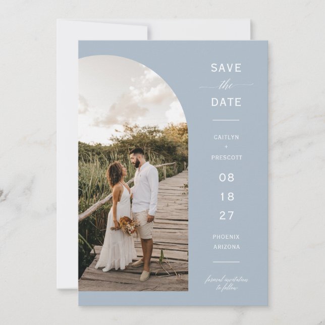 Modern Dusty Blue Arch Photo QR Code Save the Date Invitation (Front)