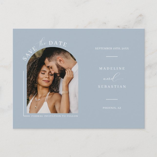 Modern Dusty Blue Arch Photo QR Code Save the Date Postcard (Front)