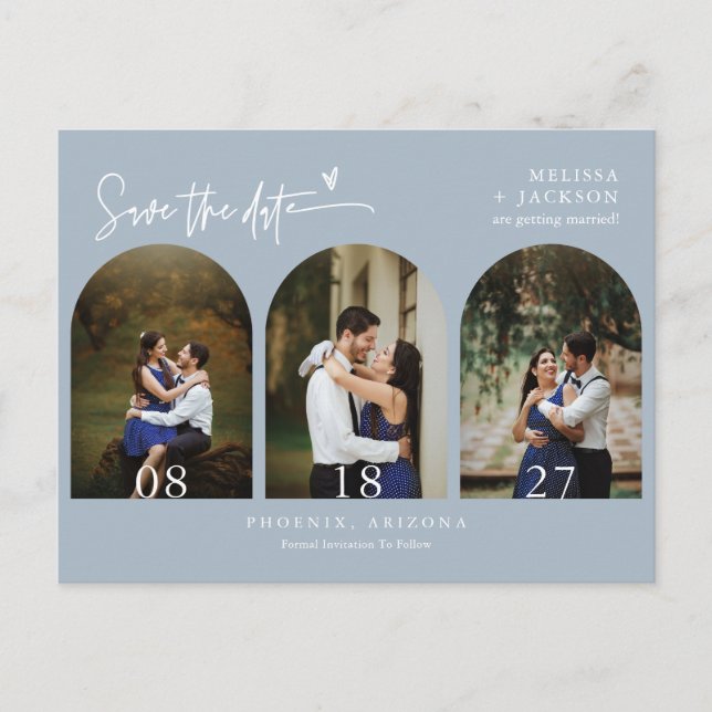 Modern Dusty Blue Arch Photo QR Code Save the Date Postcard (Front)