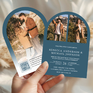 Modern Dusty Blue Arch Photo QR Code Wedding Invitation